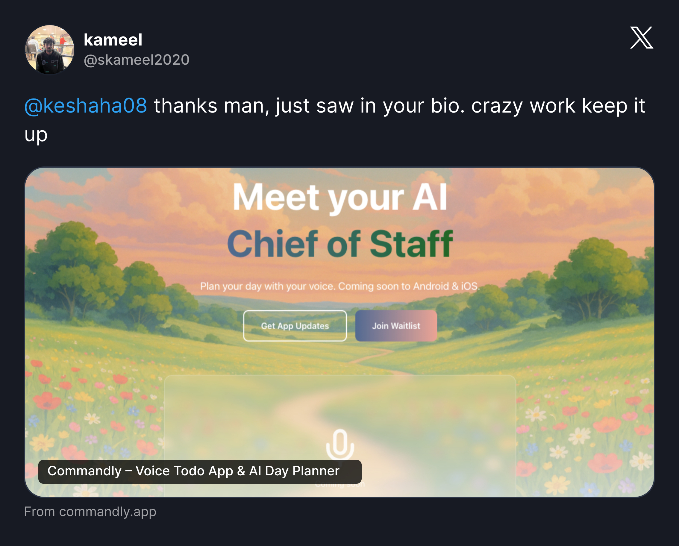 Tweet praising Commandly